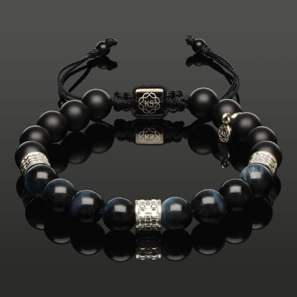 Makramee-Armband mit blauem Tigerauge, Onyx & 925 Silber in 8mm