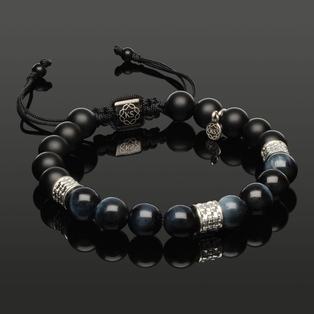 Makramee-Armband mit blauem Tigerauge, Onyx & 925 Silber in 8mm