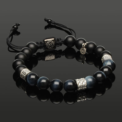 Makramee-Armband mit blauem Tigerauge, Onyx & 925 Silber in 8mm