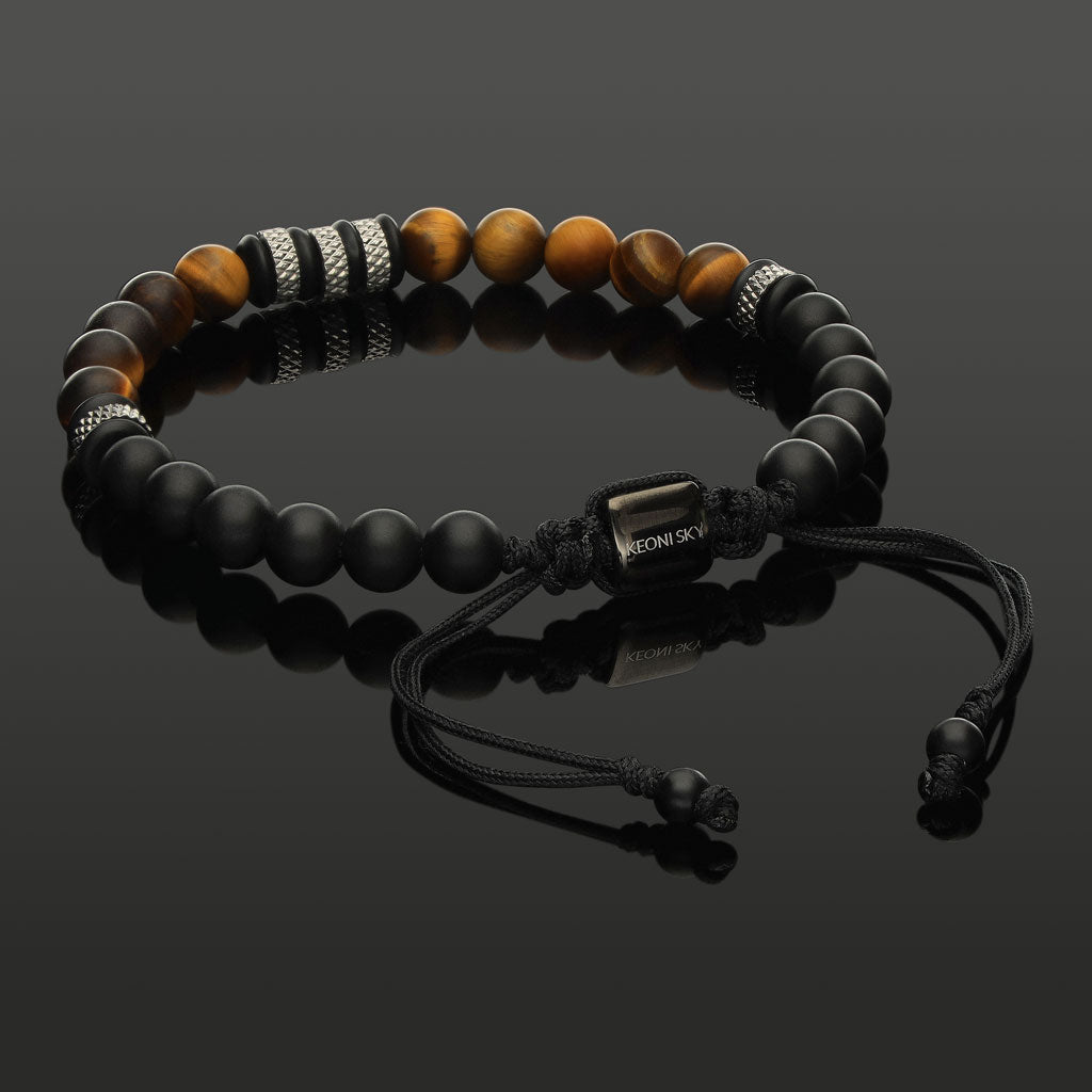 Makramee-Armband aus mattem Tigerauge &amp; Onyx mit Diamond-Cut Rondellen aus Edelstahl