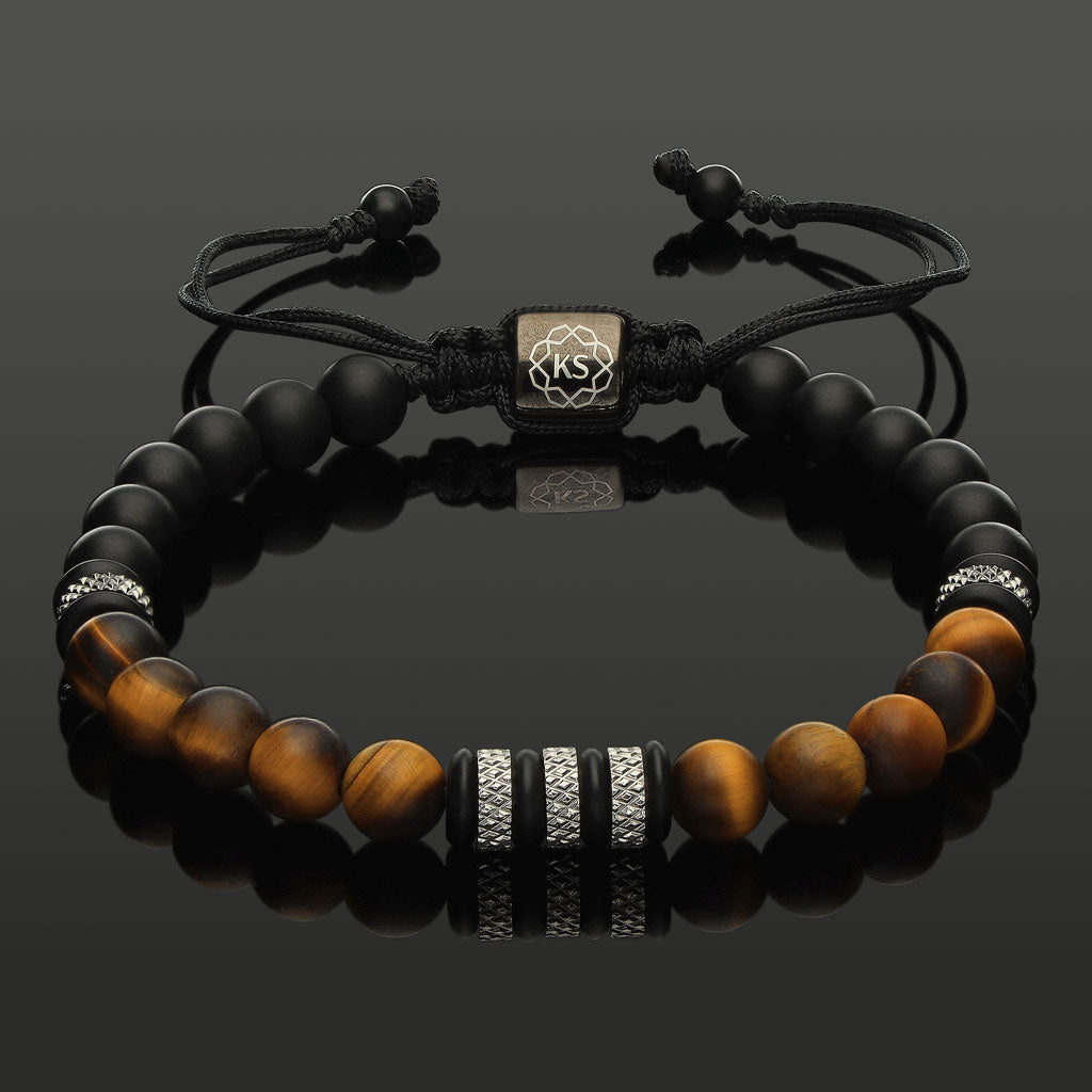 Makramee-Armband aus mattem Tigerauge & Onyx mit Diamond-Cut Rondellen aus Edelstahl