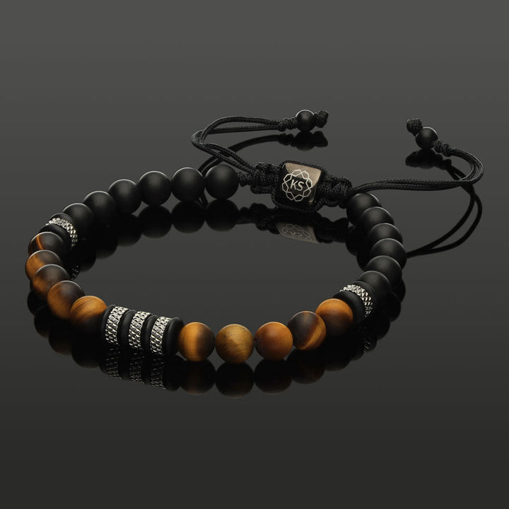 Makramee-Armband aus mattem Tigerauge &amp; Onyx mit Diamond-Cut Rondellen aus Edelstahl