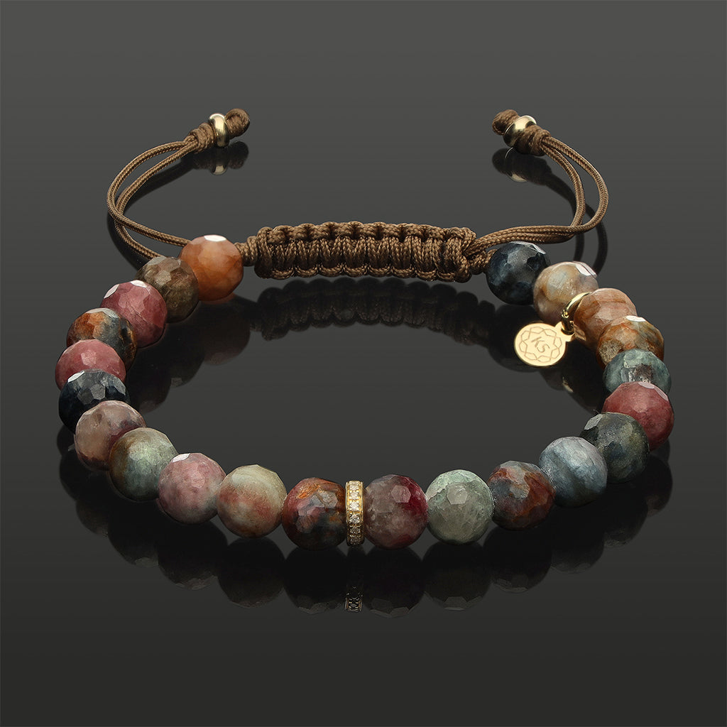 Edelstein Makramee-Armband mit 16 weißen Diamanten, 585 Gelbgold & facettiertem Turmalin in 6mm