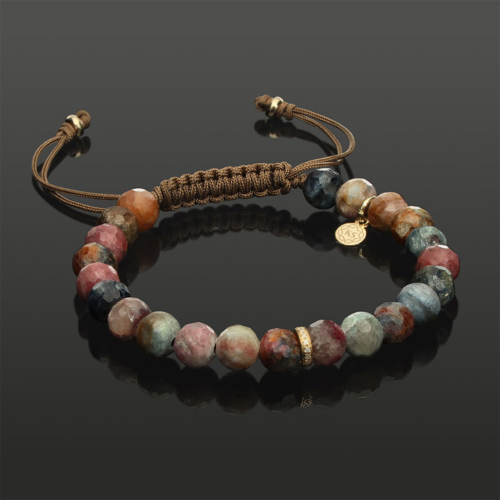 Edelstein Makramee-Armband mit 16 weißen Diamanten, 585 Gelbgold &amp; facettiertem Turmalin in 6mm
