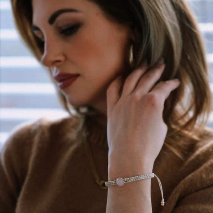 Damen SkyLight Makramee-Armband mit Rosenquarz in 8mm, Rondellen aus 585 Gelbgold &amp; Perlseide-Knoten in 4mm