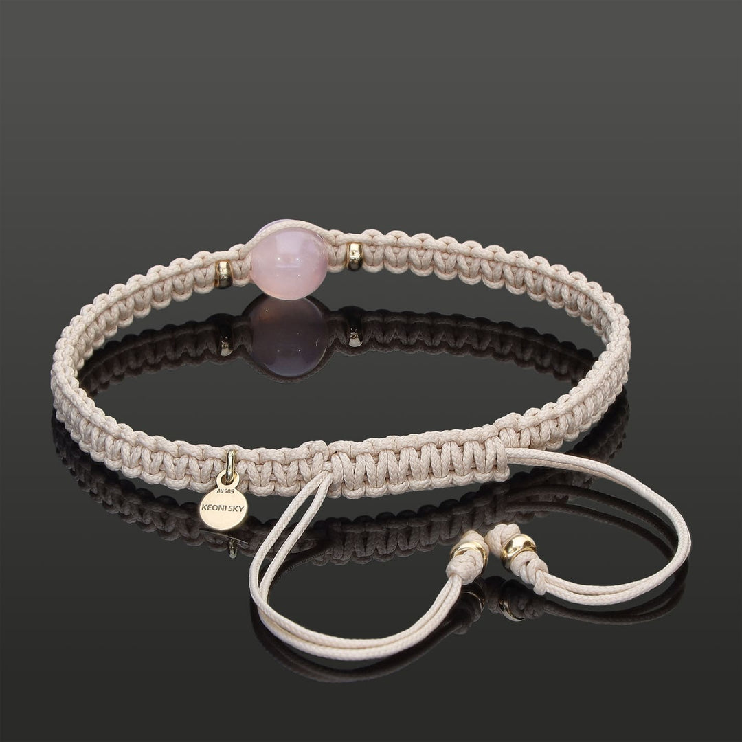 Damen SkyLight Makramee-Armband mit Rosenquarz in 8mm, Rondellen aus 585 Gelbgold &amp; Perlseide-Knoten in 4mm