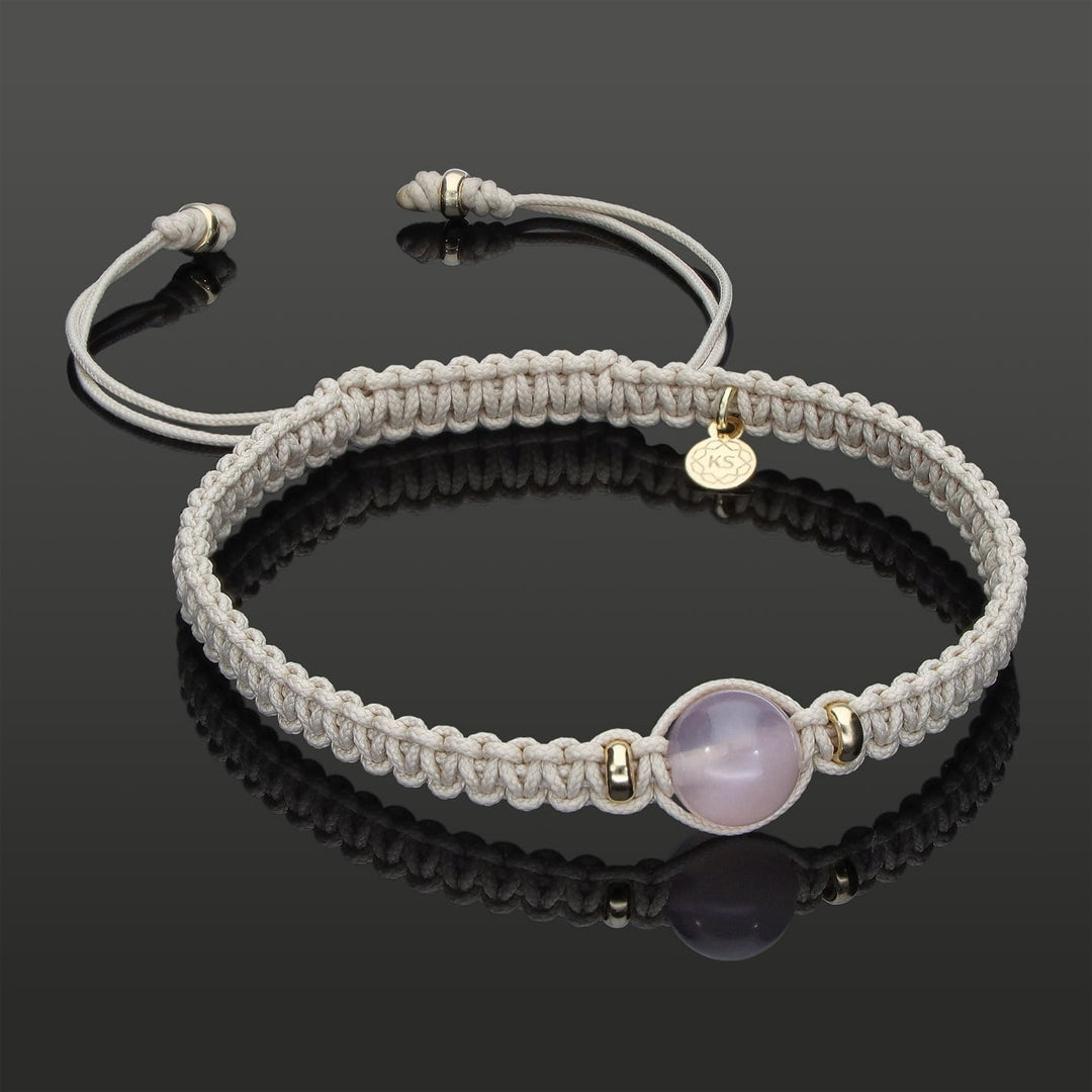 Damen SkyLight Makramee-Armband mit Rosenquarz in 8mm, Rondellen aus 585 Gelbgold &amp; Perlseide-Knoten in 4mm