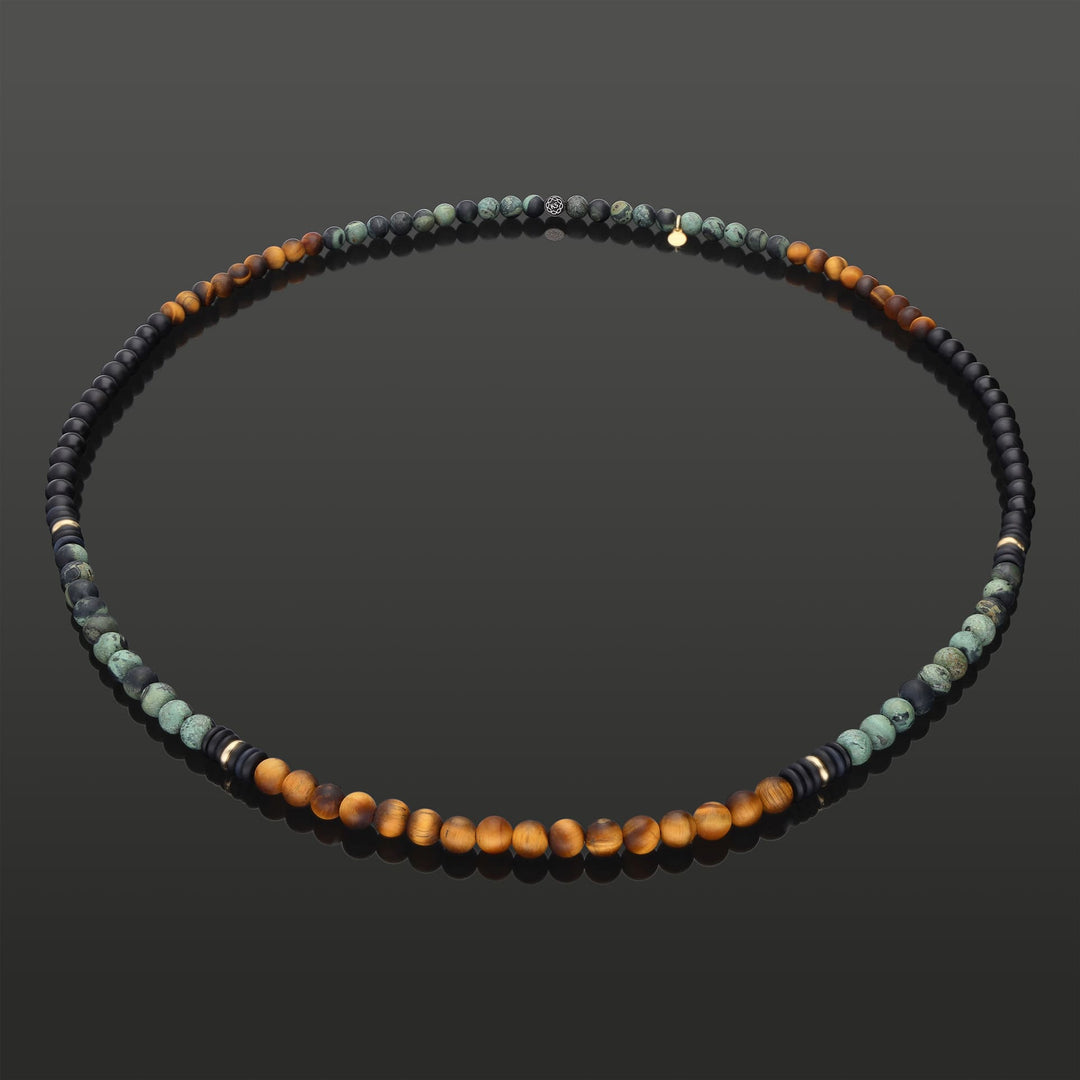 Infinity-Halskette aus 585 Gelbgold, Tigerauge, Regenwald-Jaspis &amp; Onyx in 6mm