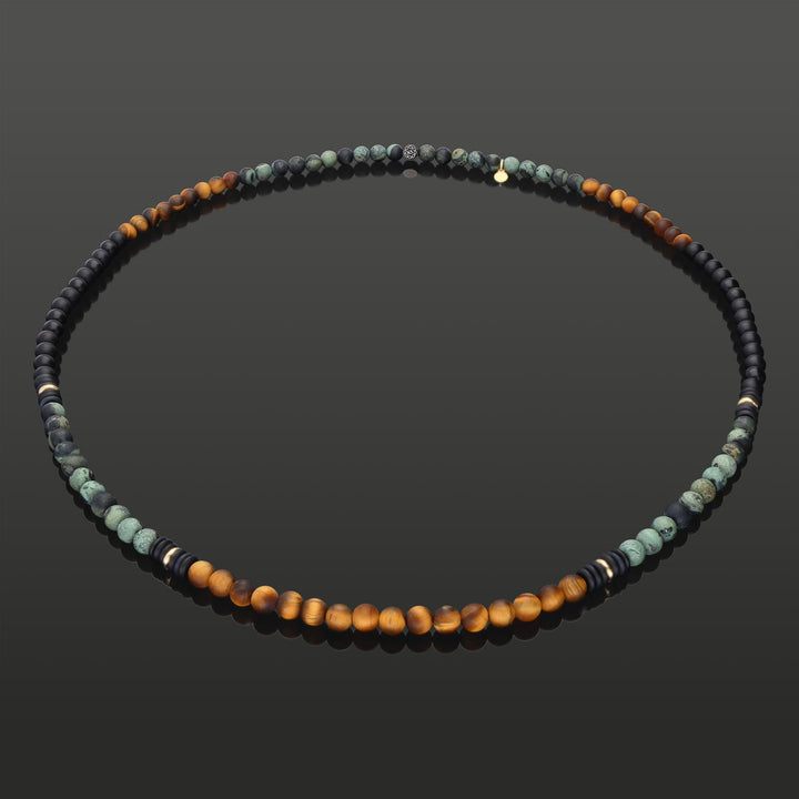 Infinity-Halskette aus 585 Gelbgold, Tigerauge, Regenwald-Jaspis &amp; Onyx in 6mm