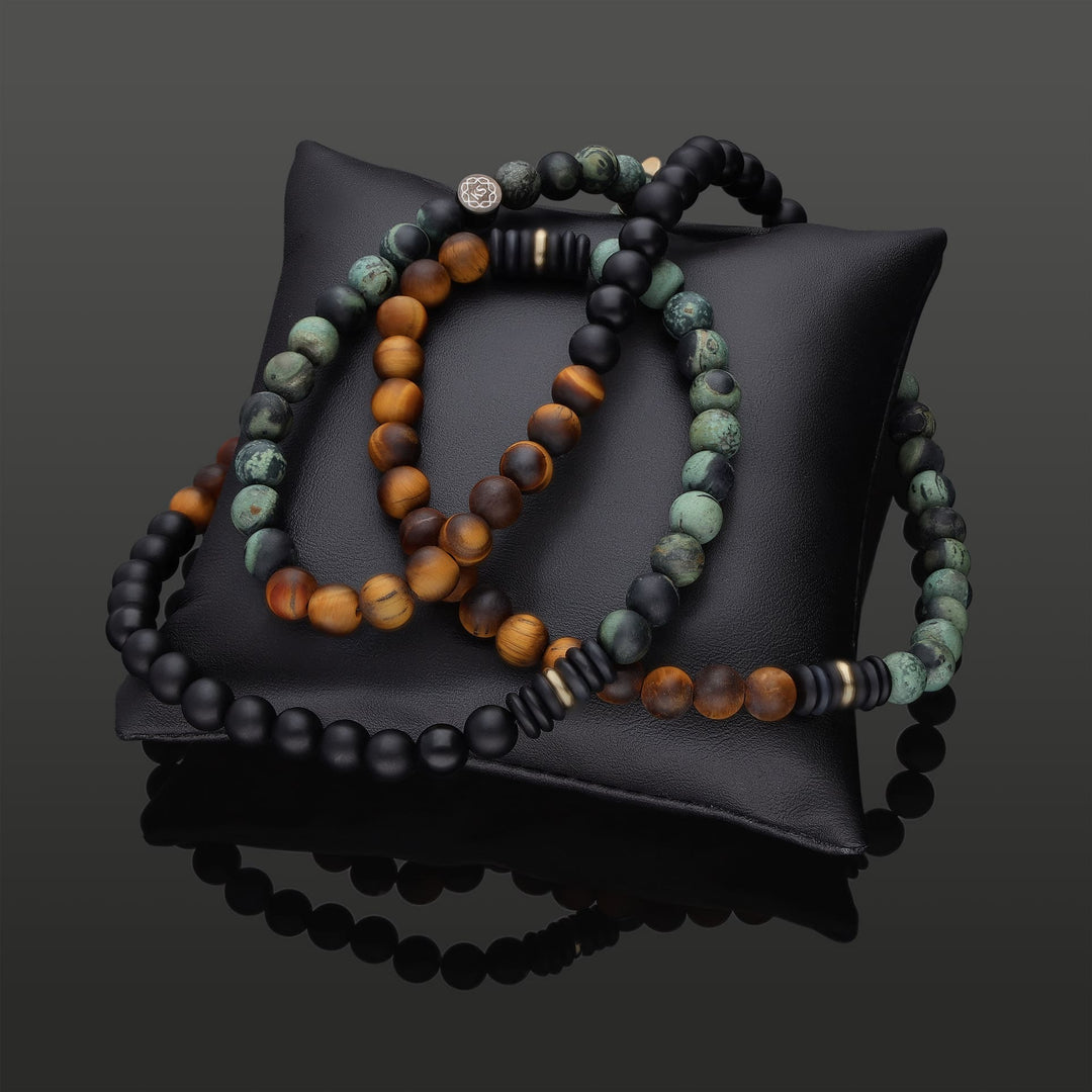 Infinity-Halskette aus 585 Gelbgold, Tigerauge, Regenwald-Jaspis &amp; Onyx in 6mm