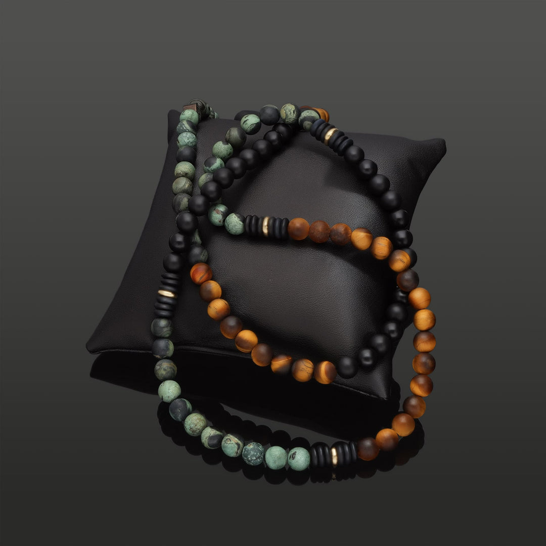 Infinity-Halskette aus 585 Gelbgold, Tigerauge, Regenwald-Jaspis &amp; Onyx in 6mm