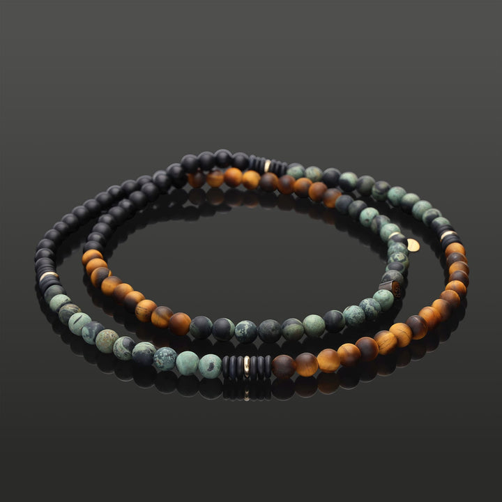 Infinity-Halskette aus 585 Gelbgold, Tigerauge, Regenwald-Jaspis &amp; Onyx in 6mm