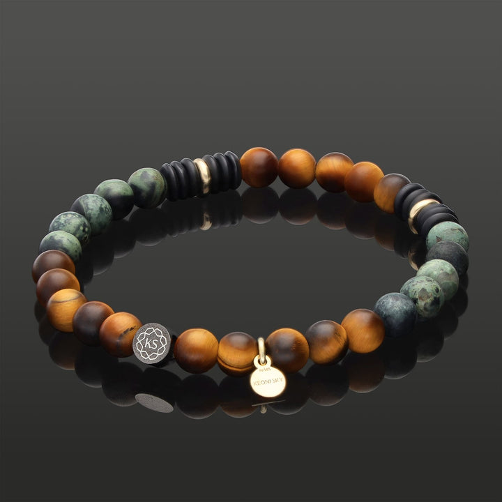 SkyFlex-Armband aus 585 Gelbgold, Tigerauge, Regenwald-Jaspis Onyx in 6mm