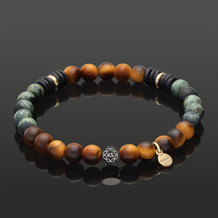 SkyFlex-Armband aus 585 Gelbgold, Tigerauge, Regenwald-Jaspis Onyx in 6mm