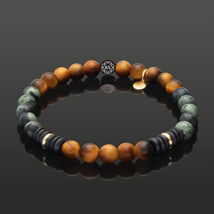 SkyFlex-Armband aus 585 Gelbgold, Tigerauge, Regenwald-Jaspis Onyx in 6mm