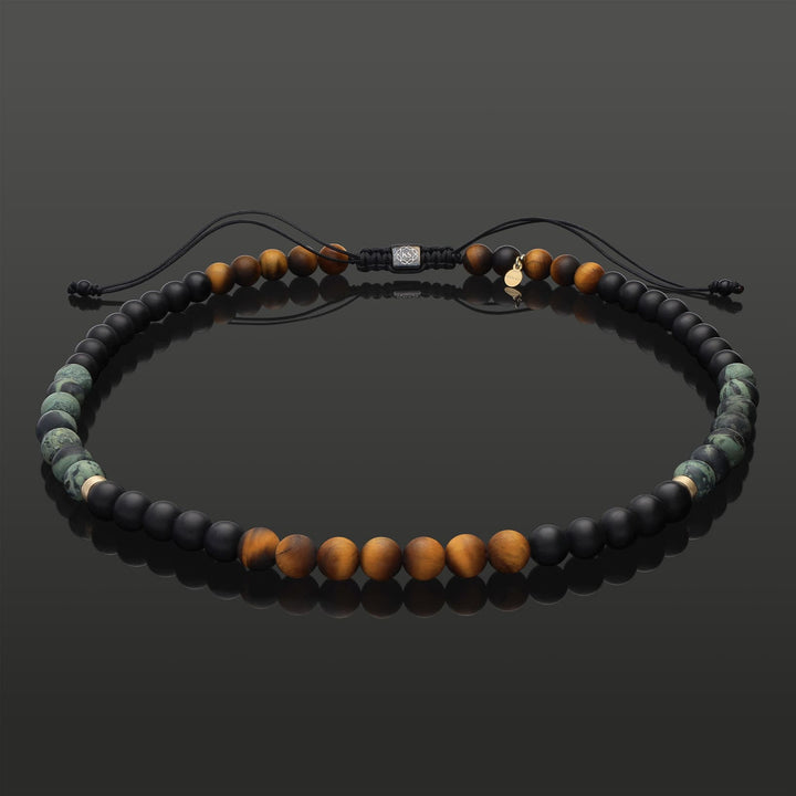 Makramee-Halskette aus 585 Gelbgold, Tigerauge, Regenwald-Jaspis &amp; Onyx in 8mm