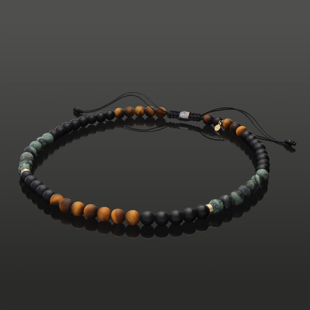 Makramee-Halskette aus 585 Gelbgold, Tigerauge, Regenwald-Jaspis &amp; Onyx in 8mm
