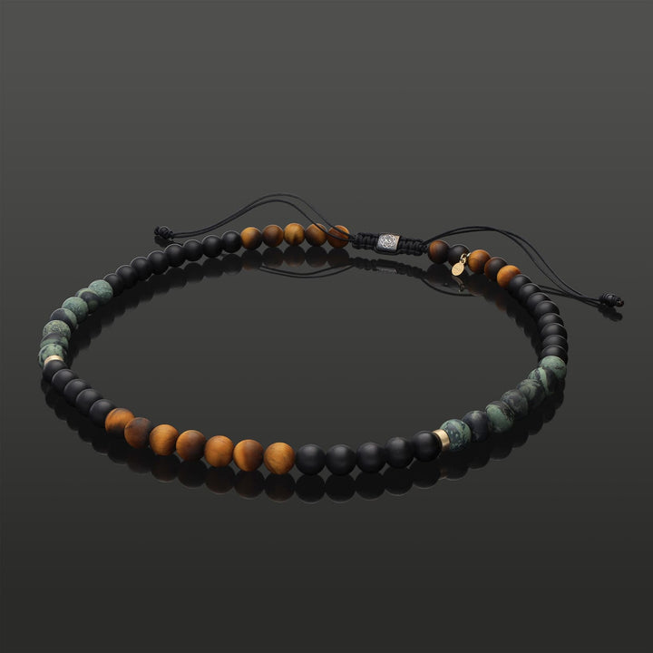 Makramee-Halskette aus 585 Gelbgold, Tigerauge, Regenwald-Jaspis &amp; Onyx in 8mm