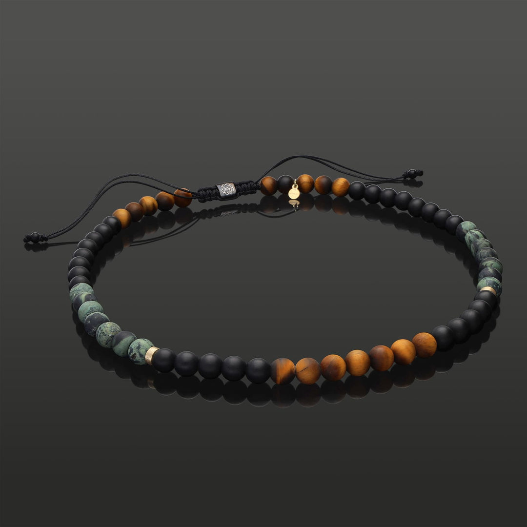 Makramee-Halskette aus 585 Gelbgold, Tigerauge, Regenwald-Jaspis &amp; Onyx in 8mm