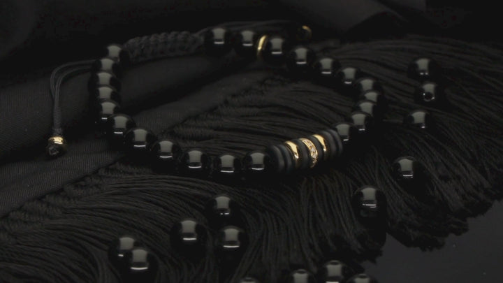 Edelstein Makramee-Armband mit 16 weißen Diamanten, 585 Gelbgold &amp; Onyx in 6mm