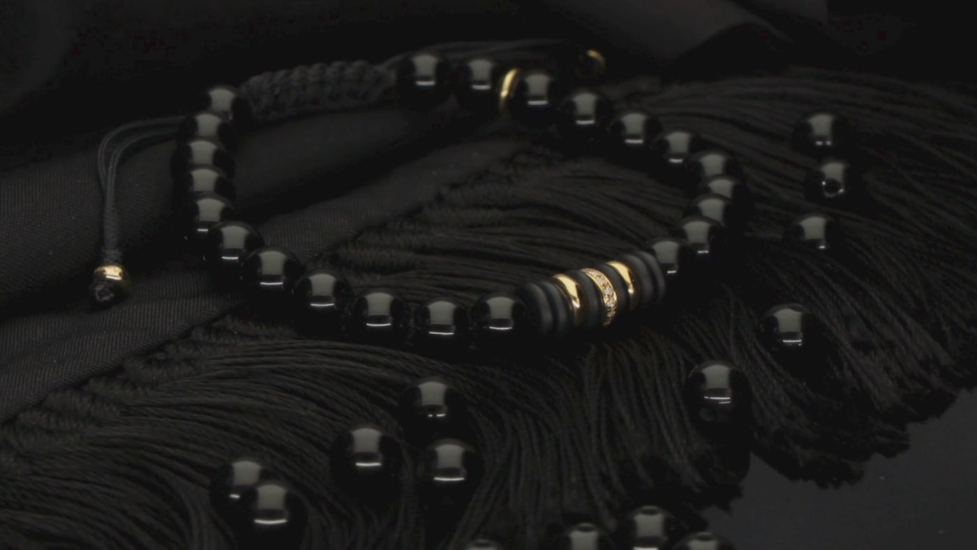 Edelstein Makramee-Armband mit weißen Diamanten, 585 Gelbgold & Onyx in 6mm