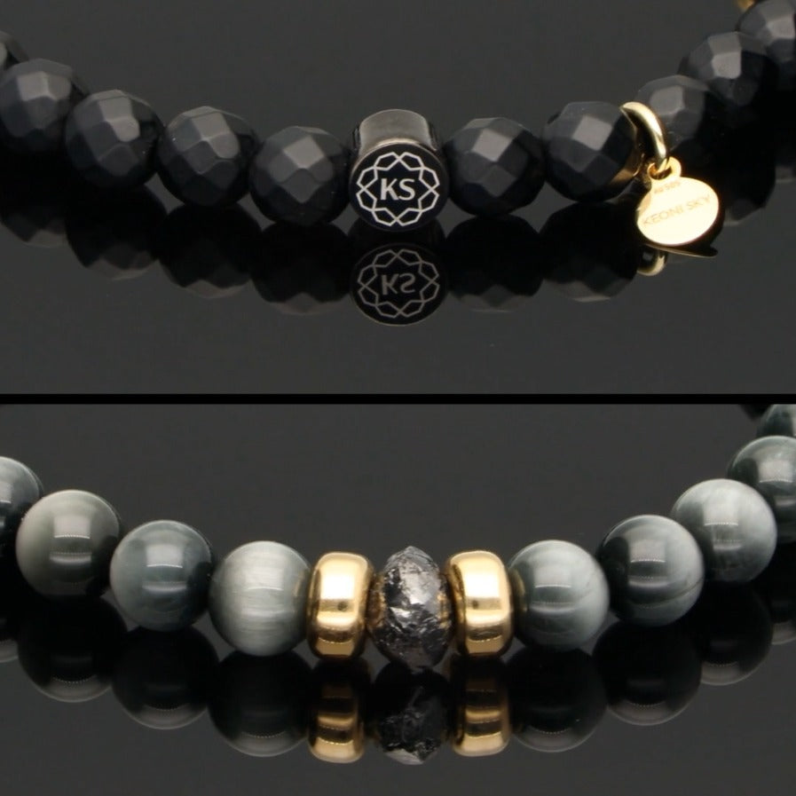 SkyFlex-Armband mit schwarzem Rohdiamant, 585 Gelbgold, Falkenauge &amp; Onyx in 6mm