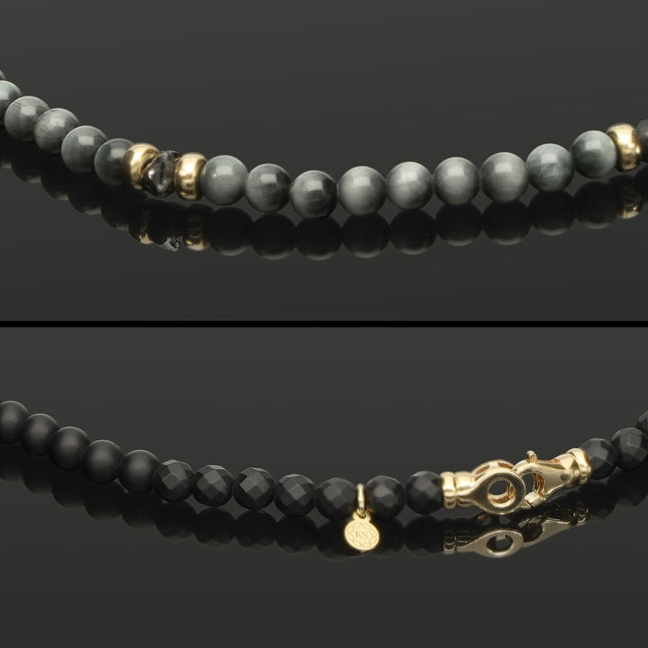 Halskette mit schwarzem Rohdiamant, 585 Gelbgold, Falkenauge &amp; Onyx in 6mm