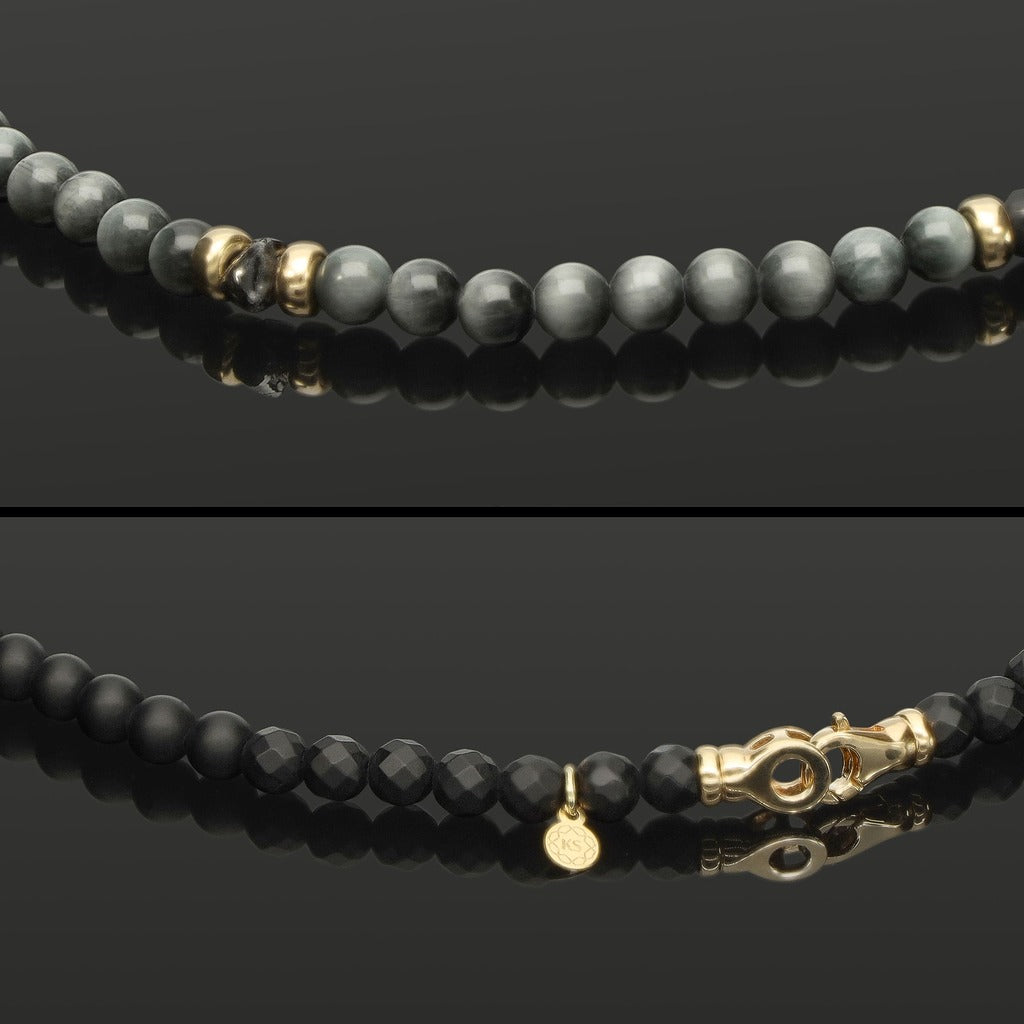 Halskette mit schwarzem Rohdiamant, 585 Gelbgold, Falkenauge & Onyx in 6mm