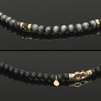 Halskette mit schwarzem Rohdiamant, 585 Gelbgold, Falkenauge & Onyx in 6mm