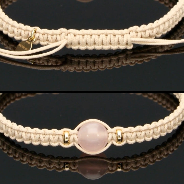 Damen SkyLight Makramee-Armband mit Rosenquarz in 8mm, Rondellen aus 585 Gelbgold &amp; Perlseide-Knoten in 4mm