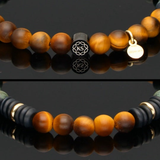 SkyFlex-Armband aus 585 Gelbgold, Tigerauge, Regenwald-Jaspis Onyx in 6mm