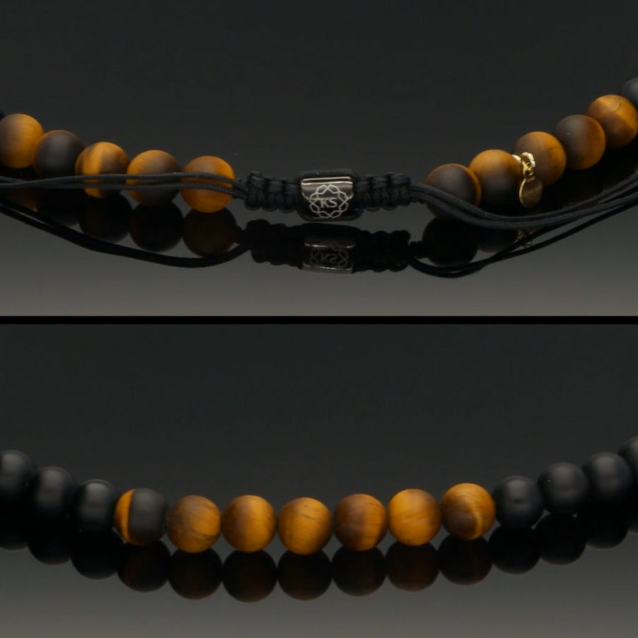 Makramee-Halskette aus 585 Gelbgold, Tigerauge, Regenwald-Jaspis &amp; Onyx in 8mm