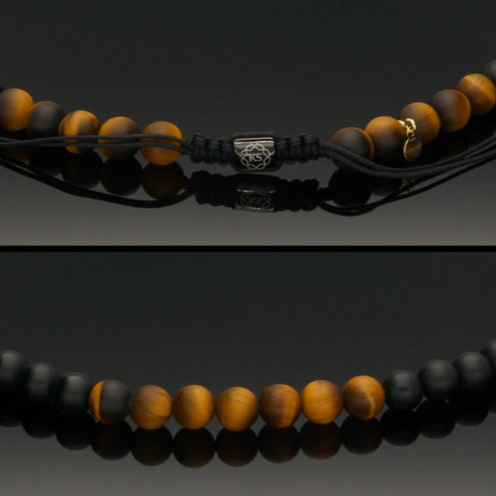 Makramee-Halskette aus 585 Gelbgold, Tigerauge, Regenwald-Jaspis &amp; Onyx in 8mm
