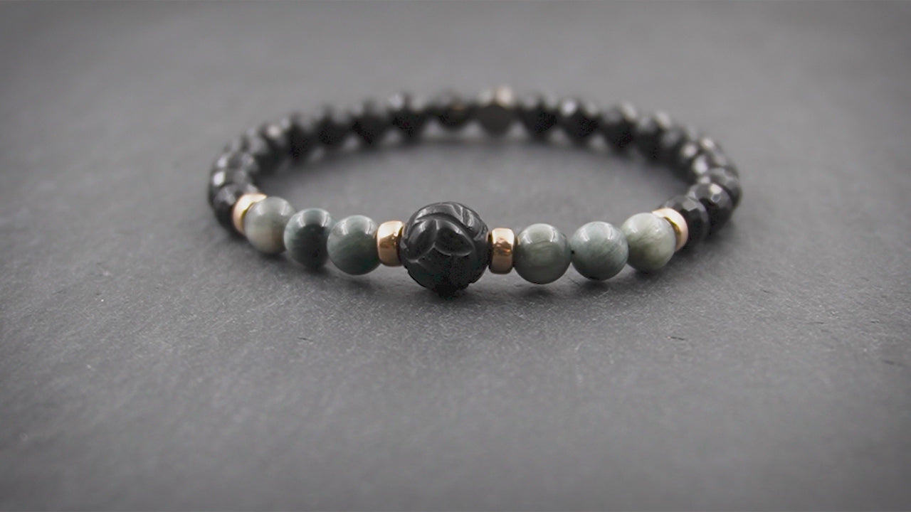 Damen Perlenarmband mit geschnitztem Obsidian, 375 Gold, Falkenauge & Onyx in 6mm