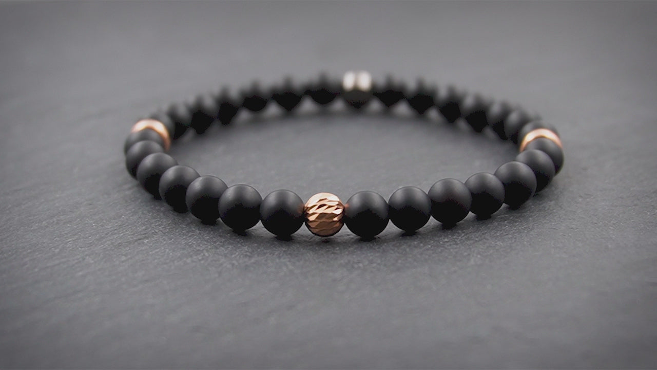 Damen Perlenarmband aus Onyx & 18 Karat rosérvergoldetem 925 Silber in 6mm