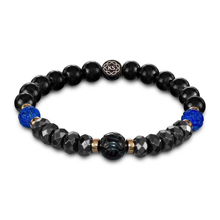 Herren Perlenarmband mit Schungit, Obsidian, Lapislazuli, Hämatit & 9 Karat Gold in 8mm