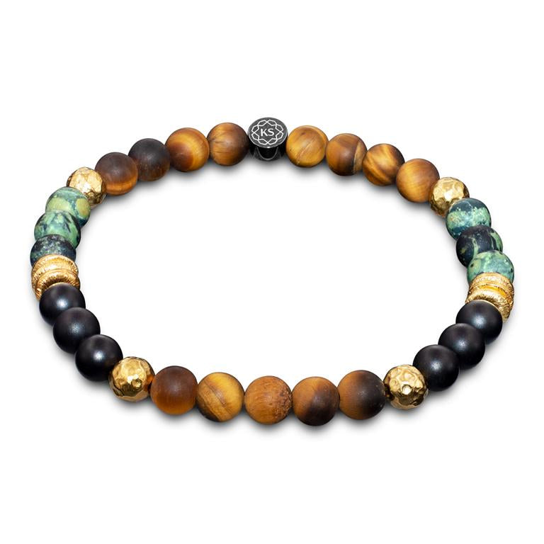 Armband aus Tigerauge, Regenwald-Jaspis, Onyx & 24 Karat vergoldetem 925-Silber in 6mm
