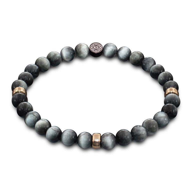 Herren Perlenarmband aus Falkenauge & 9 Karat Gold in 6mm