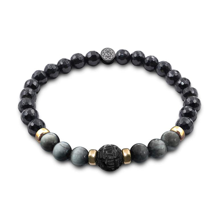 Damen Perlenarmband mit geschnitztem Obsidian, 375 Gold, Falkenauge & Onyx in 6mm