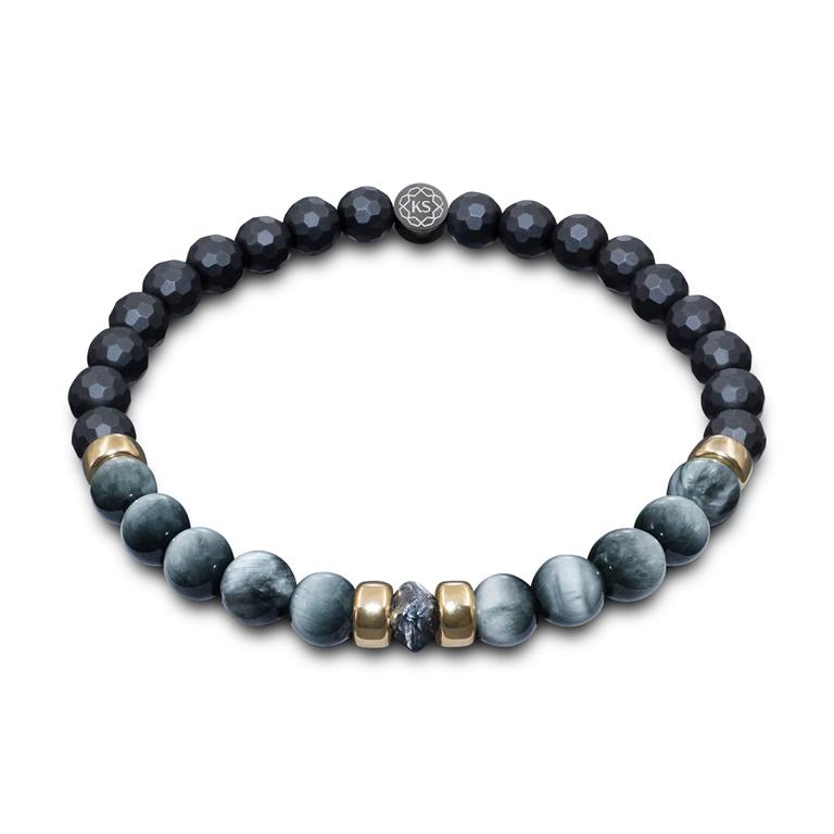 Herren Edelstein Perlenarmband mit schwarzem Rohdiamant, 375 Gold, Falkenauge & Onyx in 6mm