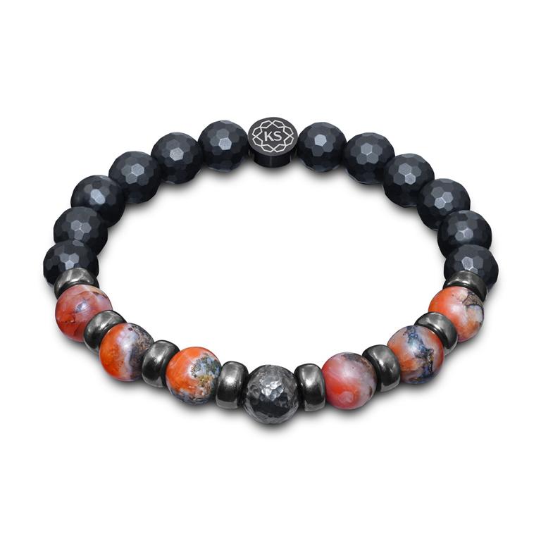 Herren Perlenarmband mit rotem Drachen-Achat, matt facettiertem Onyx & schwarz rhodiniertem 925 Silber in 8mm