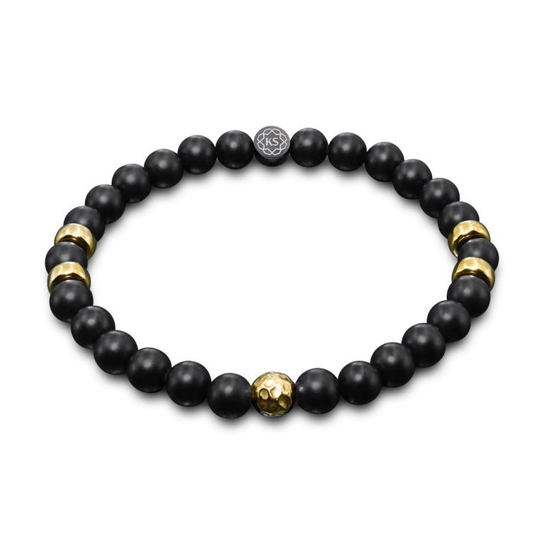 Herren Perlenarmband mit Onyx & gehämmerter Kugel aus 24 Karat vergoldetem 925 Silber in 6mm