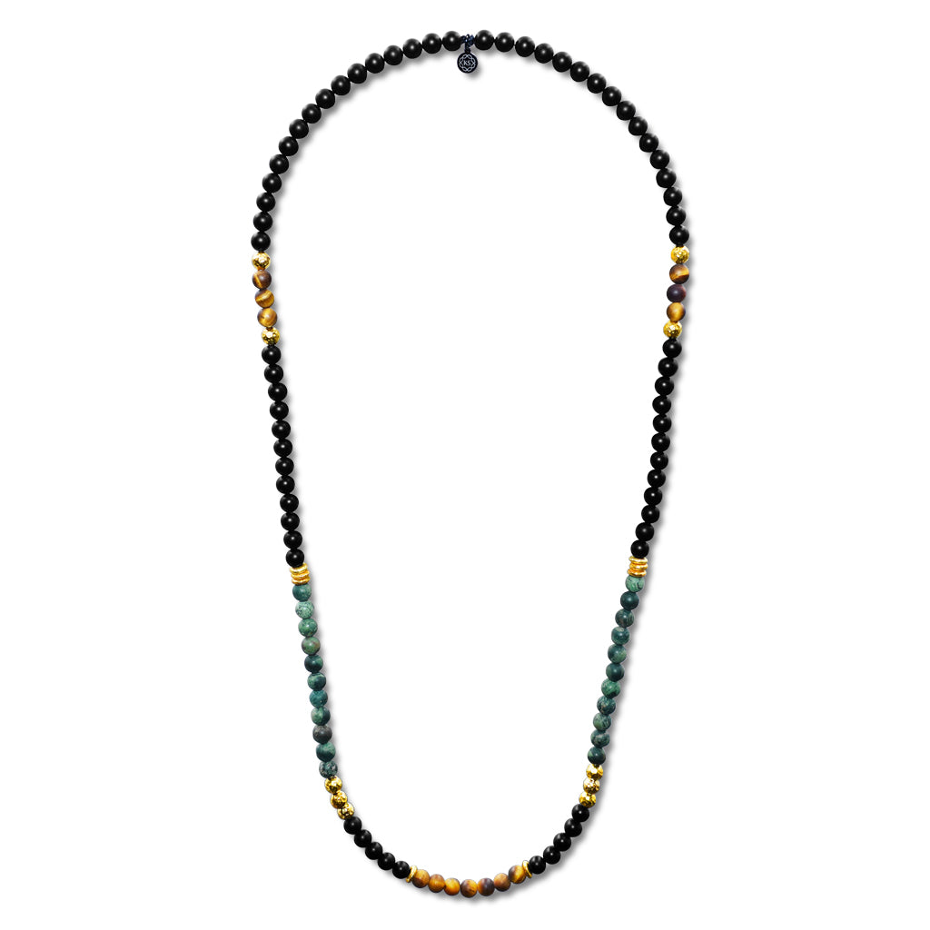 Herren Perlenkette aus Tigerauge, Regenwald-Jaspis, Onyx & 24 Karat vergoldetem 925 Silber in 6mm