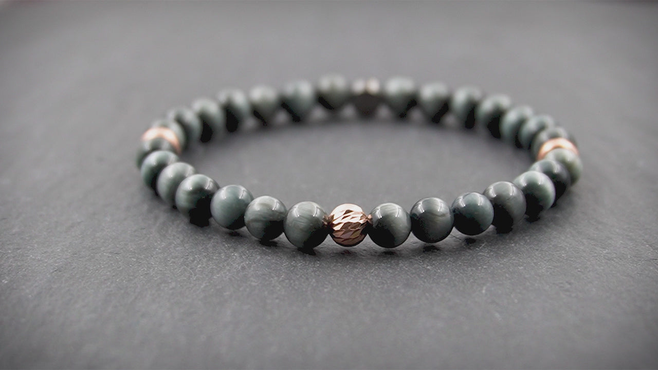 Damen Perlenarmband aus Falkenauge & 18 Karat rosérvergoldetem 925 Silber in 6mm