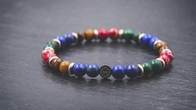 Perlenarmband mit Tigerauge, Lapislazuli, grüner Jade, rotem Jaspis & 925 Silber in 6mm