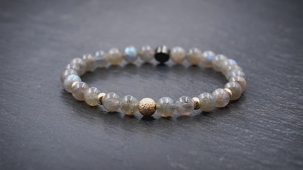 Damen Perlenarmband aus Labradorit & 9 Karat Gold in 6mm