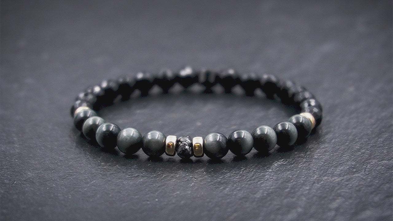 Damen Edelstein Perlenarmband mit schwarzem Rohdiamant, 375 Gold, Falkenauge & Onyx in 6mm