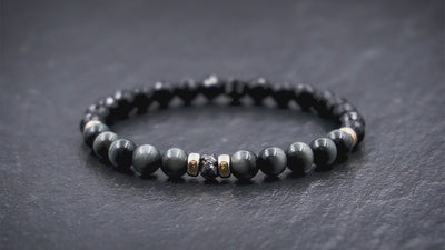 Damen Edelstein Perlenarmband mit schwarzem Rohdiamant, 375 Gold, Falkenauge & Onyx in 6mm
